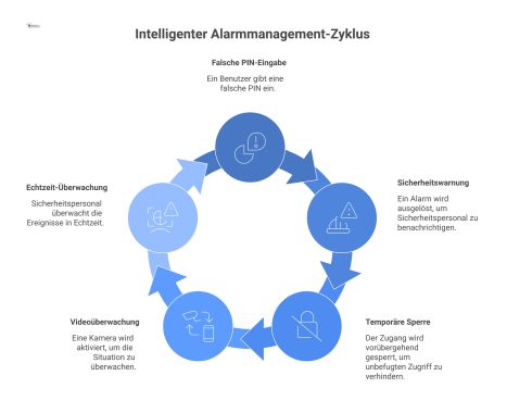Infografik, die den Prozess eines intelligenten Alarmmanagements für die Zutrittskontrolle darstellt. Sie visualisiert die Eskalationsstufen nach einer falschen PIN-Eingabe: eine Sicherheitswarnung mi