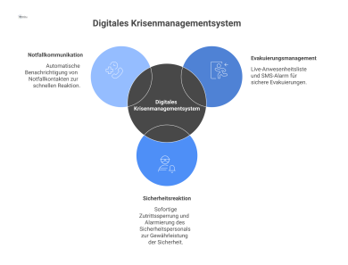 Infografik, die die drei Hauptfunktionen eines digitalen Krisenmanagementsystems als Säulen darstellt: Evakuierungsmanagement (Live-Anwesenheitsliste, SMS-Alarm), Sicherheitsreaktion (Zutrittssperrung