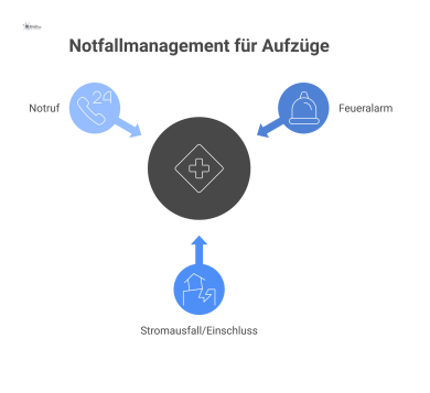 Infografik, die das Notfallmanagement eines modernen Aufzugs visualisiert. Sie zeigt drei Protokolle mit Symbolen: Feueralarm, was zur automatischen Sperrung führt; Stromausfall oder Einschluss mit No