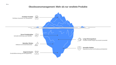 Diagramm zum Obsoleszenzmanagement, das den Konflikt zwischen kurzen Produktzyklen und langer Nutzungsdauer darstellt. Es zeigt die Risiken für Betreiber wie Stillstand und Sicherheitslücken sowie für