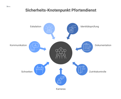  Infografik, die den Pfortendienst als zentralen Sicherheits-Knotenpunkt darstellt. Gezeigt werden die Interaktionen des Pförtners mit Personen und Systemen sowie die Hauptprozesse von Identitätsprüfu