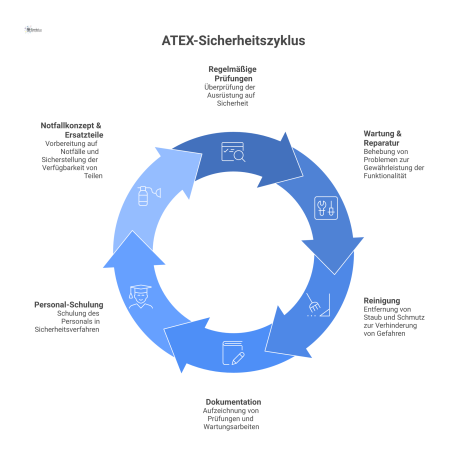 Infografik, die einen geschlossenen Sicherheitszyklus für ATEX-Zutrittskontrollen visualisiert. In der Mitte steht das Hauptthema, umgeben von sechs Icons, die die Schritte darstellen: Regelmäßige Prü