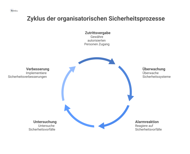 Diagramm der organisatorischen Sicherheitsprozesse, das die Interaktion der Abteilungen Werkschutz, IT, HR und Datenschutz darstellt. Es visualisiert die Abläufe für Mitarbeiter, Besucher und Fremdfir