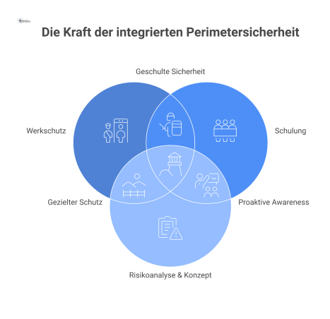 Infografik zur organisatorischen Perimetersicherheit eines Industrieareals. Die Grafik zeigt vier zentrale Säulen des Schutzes: Werkschutz mit Personal und Patrouillen, Schulung zur Mitarbeiter-Awaren