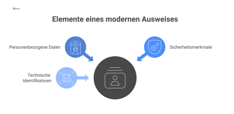 Infografik, die den Aufbau eines modernen Ausweises zeigt. In der Mitte ist ein Ausweis abgebildet, von dem Pfeile auf die Elemente deuten. Die Elemente sind gruppiert in Personenbezogene Daten (Name,