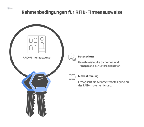 Infografik zu den Rahmenbedingungen für RFID-Firmenausweise. Sie zeigt zwei Säulen: 1. Datenschutz (DSGVO) mit den Punkten Transparenz, Sicherheit, Datenminimierung und 2. Mitbestimmung (BetrVG), die 