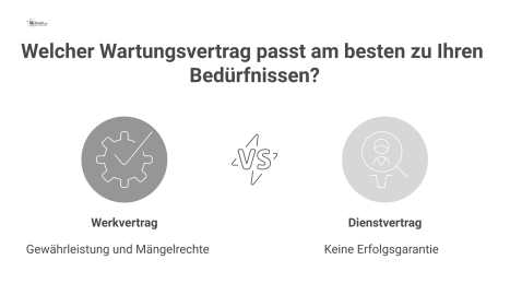 Vergleichsdiagramm zu Wartungsverträgen, das die zwei Vertragsformen gegenüberstellt. Links die Spalte 'Werkvertrag' mit dem Merkmal 'Erfolg geschuldet' und der Folge 'Gewährleistung & Mängelrechte'. 