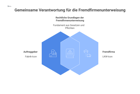 Infografik zur Zusammenarbeit zwischen Auftraggeber (Fabrik-Icon) und Fremdfirma (LKW-Icon), gestützt auf ein Fundament aus Gesetzen (ArbSchG, DGUV V1, etc.). Pfeile illustrieren die Pflichten wie Koo