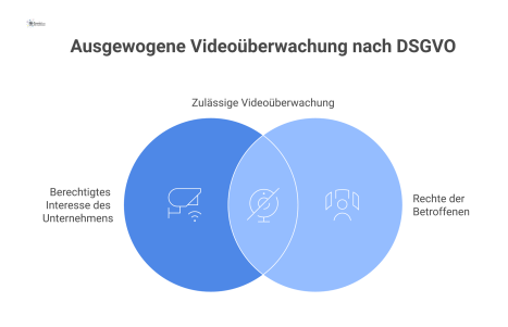 Infografik zu den Regeln der Videoüberwachung nach DSGVO. Eine Waage im Zentrum wägt das 'berechtigte Interesse' des Unternehmens gegen die 'Rechte der Betroffenen' ab. Piktogramme zeigen zulässige Ma