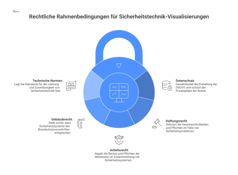 Hub-and-Spoke-Diagramm, das die rechtlichen Rahmenbedingungen für Sicherheitstechnik-Visualisierungen aufzeigt. Im Zentrum steht das 'Visualisierungssystem für Gebäudesicherheit'. Davon gehen Speichen