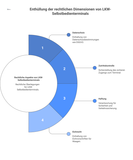 Infografik, die die rechtlichen Aspekte eines LKW-Selbstbedienterminals darstellt. Im Zentrum befindet sich ein LKW an einem Terminal, umgeben von vier Informationssäulen: Datenschutz (DSGVO) mit eine