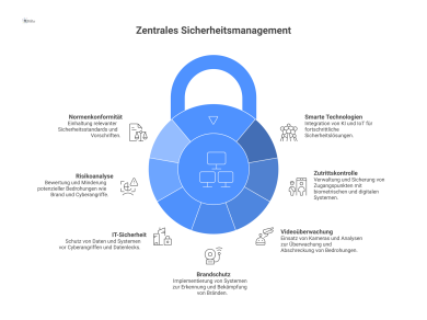 Diagramm eines zentralen Sicherheitsmanagementsystems. Im Zentrum steht die Integration smarter Technologien wie KI und IoT. Dies ist umgeben von den Modulen Zutrittskontrolle, Videoüberwachung, Brand