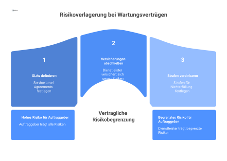 Diagramm zur Risikoverlagerung bei Wartungsverträgen, das die Beziehung zwischen Auftraggeber und Dienstleister visualisiert. Es zeigt, wie der Auftraggeber Risiken wie Systemausfall und Datenverlust 