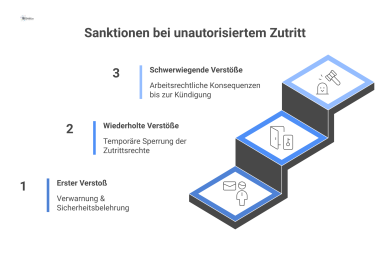  Infografik eines Stufenplans mit drei Eskalationsstufen für Sanktionen bei unautorisiertem Zutritt. Stufe 1: Verwarnung und Sicherheitsbelehrung. Stufe 2: Temporäre Sperrung der Zutrittsrechte. Stufe