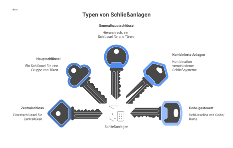 Infografik, die fünf Typen von Schließanlagen mit Icons und Kurzbeschreibungen vorstellt: Zentralschloss, Hauptschlüssel, Generalhauptschlüssel, kombinierte Anlagen und code-gesteuerte Anlagen.
