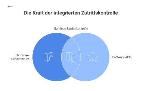Infografik, die Schnittstellen für Zutrittskontrolle auf zwei Ebenen darstellt: Die Evolution der Hardware-Schnittstellen vom unsicheren Wiegand-Protokoll zum sicheren OSDP und die Software-APIs wie R