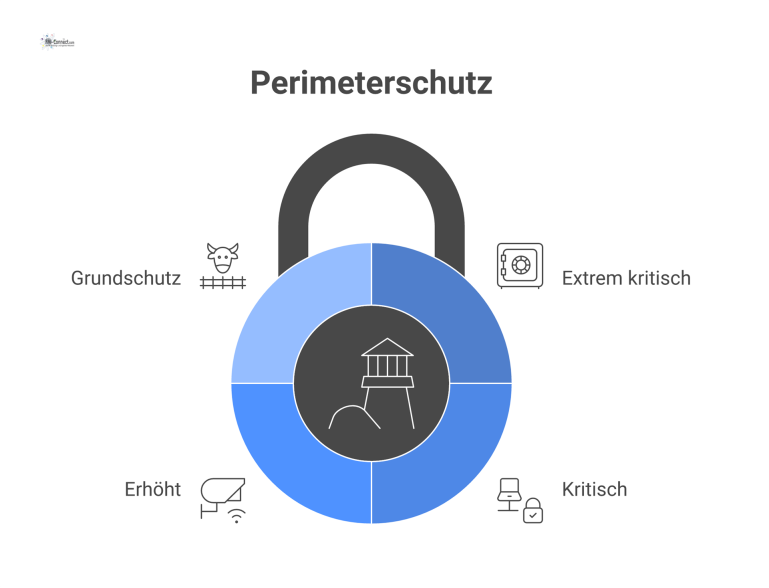 Diagramm des Perimeterschutzes nach dem 'Defense in Depth'-Prinzip, dargestellt als vier konzentrische Sicherheitsringe. Von innen nach außen zeigen die Ringe die Schutzstufen 'Extrem kritisch', 'Krit