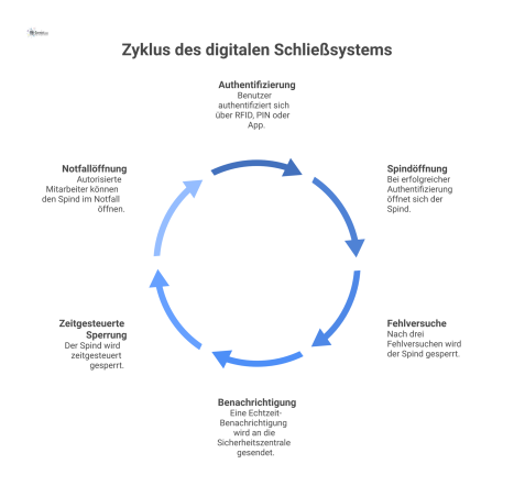 Flussdiagramm eines digitalen Schließsystems, das den Authentifizierungsprozess via RFID, PIN oder App zeigt. Bei Erfolg öffnet der Spind. Nach drei Fehlversuchen erfolgt eine Sperrung und eine Benach