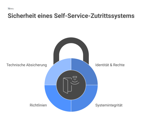 Infografik eines Self-Service-Zutrittssystems mit einem zentralen Kern, umgeben von einem Schutzschild. Der Schild visualisiert die vier Säulen der Sicherheit: 1. Identität & Rechte (MFA, Autorisierun