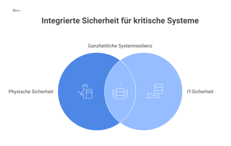 Diagramm, das die verzahnte Struktur von physischer und IT-Sicherheit um ein zentrales KRITIS-System zeigt. Es visualisiert zwei ineinandergreifende Schutzschichten: eine äußere physische Zone (mit Zu