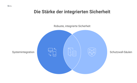 Diagramm eines Schutzwalls für die Systemintegration von Zutrittskontrolle. Im Zentrum befindet sich die 'Systemintegration', die von den sechs Säulen des Schutzwalls umgeben ist: Authentifizierung & 