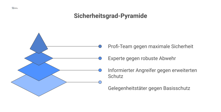 Infografik mit vier aufsteigenden Sicherheitsgraden. Grad 1 (geringes Risiko) zeigt einen Gelegenheitstäter gegen Basisschutz. Grad 2 (mittleres Risiko) einen informierten Angreifer gegen erweiterten 