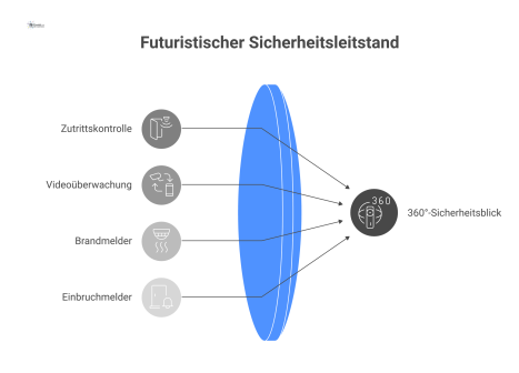 Visualisierung eines futuristischen Sicherheitsleitstands, der Datenströme von Zutrittskontrolle, Videoüberwachung, Brand- und Einbruchmeldern auf einer einheitlichen Benutzeroberfläche zusammenführt.