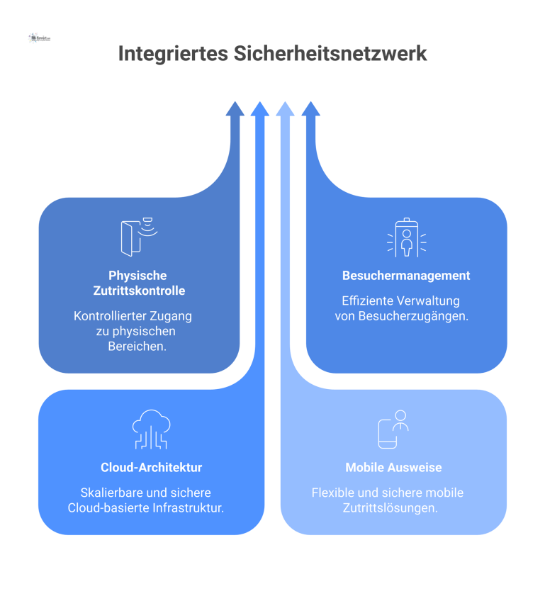 Infografik-Diagramm, das ein integriertes Sicherheits- und Zutrittskontrollsystem zeigt. Ein zentraler Hub ist mit Icons für physische Zutrittskontrolle, Besuchermanagement, Cloud-Architektur und mobi
