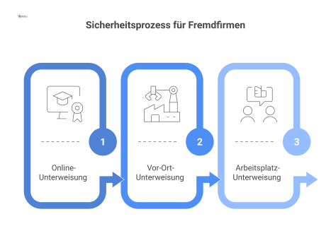 Flussdiagramm, das den dreistufigen Sicherheitsprozess für Fremdfirmen darstellt. Der erste Schritt ist die Online-Unterweisung, gefolgt von der Vor-Ort-Unterweisung und schließlich der optionalen Arb
