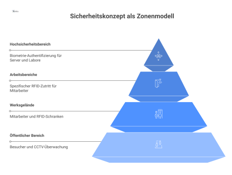 Diagramm eines Sicherheitskonzepts mit vier konzentrischen Zonen. Die Sicherheit steigt von außen nach innen. Zone 0 ist der öffentliche Bereich mit CCTV. Zone 1 ist das Werksgelände mit RFID-Schranke