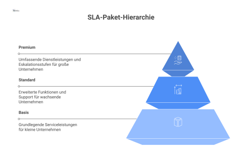 Vergleichstabelle der SLA-Pakete 'Basis', 'Standard' und 'Premium' anhand der Parameter Servicezeit, Reaktionszeit, Wiederherstellungszeit, Verfügbarkeitsgarantie, Reporting und Eskalationsstufen. 