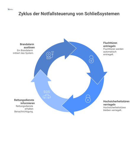 Flussdiagramm zur Notfallsteuerung eines Schließsystems. Ein Brandalarm löst zwei Aktionen aus: Fluchttüren werden automatisch entriegelt (dargestellt als grünes, offenes Schloss), während Hochsicherh