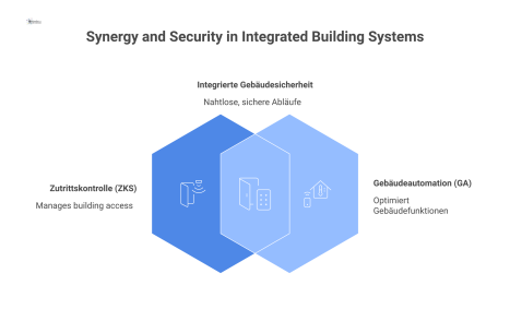 Diagramm, das die technische Integration der zwei Hauptsysteme Zutrittskontrolle (ZKS) und Gebäudeautomation (GA) zeigt. Pfeile, die die Protokolle BACnet, KNX und OPC UA repräsentieren, verbinden die