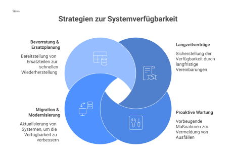Ein Säulendiagramm visualisiert vier Strategien, um die Systemverfügbarkeit trotz Produkt-End-of-Life zu sichern. Vier Säulen mit den Beschriftungen „Langzeitverträge“, „Proaktive Wartung“, „Migration