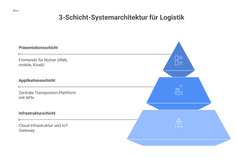 Diagramm einer 3-Schicht-Systemarchitektur für Logistik- und Zutrittsmanagement. Die oberste Präsentationsschicht zeigt die Frontends für Nutzer: Web-App, mobile App und Kiosk-Terminal. Die mittlere A