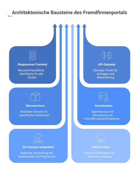 Systemarchitektur-Diagramm eines Fremdfirmenportals in einem Hybrid-Cloud-Modell. Es zeigt den Weg vom Nutzer über ein Frontend und ein API-Gateway zu verschiedenen Microservices wie Auftrags- und Zut