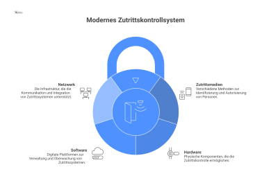 Ein Hub-and-Spoke-Diagramm, das ein modernes Zutrittskontrollsystem visualisiert. Vom zentralen Hub gehen vier Speichen aus: 1. Zutrittsmedien mit RFID, Biometrie und Smartphone. 2. Hardware mit Motor