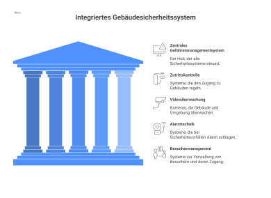 Diagramm eines integrierten Gebäudesicherheitssystems mit einem zentralen Gefahrenmanagementsystem (GMS) als Hub. Davon gehen Linien zu den angebundenen Modulen: Zutrittskontrolle mit Tür-Icon, Videoü