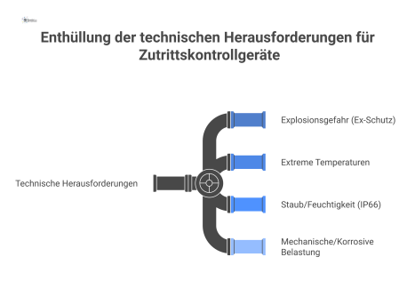 Infografik, die vier technische Herausforderungen für Zutrittskontrollgeräte in rauen Umgebungen visualisiert: Explosionsgefahr, extreme Temperaturen, Staub und Feuchtigkeit sowie mechanische und korr