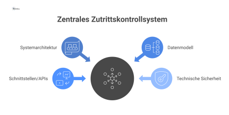 Diagramm eines zentralen Zutrittskontrollsystems, das auf den Säulen Systemarchitektur und Datenmodell basiert. Es werden Schnittstellen zu externen Systemen wie SAP, LDAP und Gebäudeleittechnik darge
