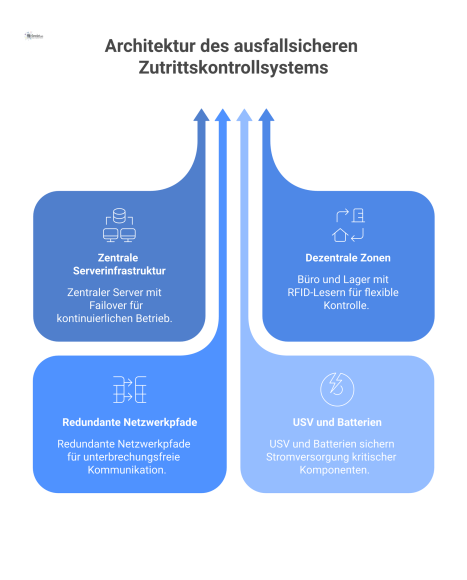 Architektur-Diagramm eines ausfallsicheren Zutrittskontrollsystems. Es visualisiert eine zentrale Serverinfrastruktur mit Failover-Server, die über redundante Netzwerkpfade mit dezentralen Zonen (Büro