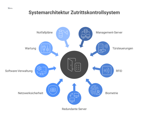 Systemarchitektur Zutrittskontrollsystem Diagramm der Systemarchitektur eines modernen Zutrittskontrollsystems. Es zeigt einen zentralen Management-Server, der mit dezentralen Türsteuerungen (RFID, Biometrie) verbunden ist, sowie redundante