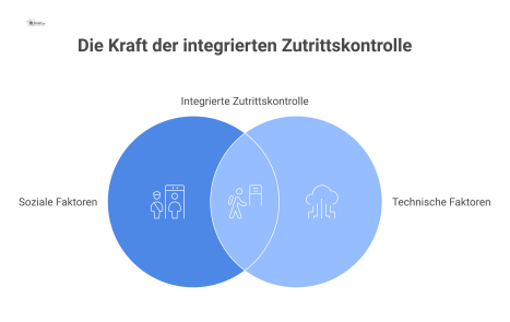 Infografik eines sozio-technischen Systems, das den Prozess der Zutrittskontrolle zu einem Werksgelände darstellt. Im Zentrum steht die Cloud-Plattform 'Transporeon', welche die digitale Anmeldung, Si