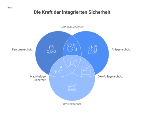 Infografik, die das Konzept des integrierten Sicherheitsmanagements visualisiert. Ein zentraler Hub ist mit vier Bereichen verbunden: Personenschutz (dargestellt durch ein Personen-Symbol), Anlagensch