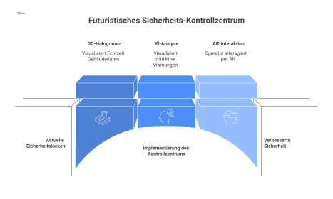 Visualisierung eines futuristischen Sicherheits-Kontrollzentrums. Zentral schwebt ein leuchtendes 3D-Hologramm eines Smart Buildings (Digital Twin), das Echtzeit-Daten von IoT-Sensoren, Kameras und Tü