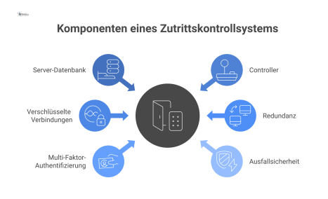  Infografik eines modernen Zutrittskontrollsystems mit einer zentralen Server-Datenbank (On-Premise oder Cloud), die über verschlüsselte Verbindungen mit offline-fähigen Controllern an Türen vernetzt 