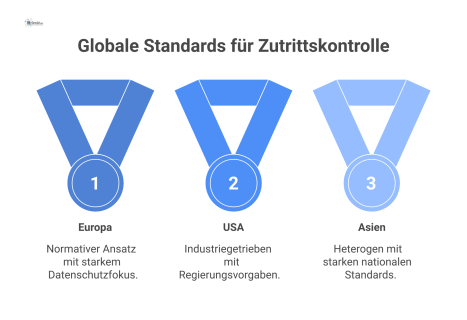 Infografik, die internationale Standards für Zutrittskontrollsysteme in Europa, den USA und Asien vergleicht. Europa wird durch einen normativen Ansatz mit EN-Normen und DSGVO-Fokus dargestellt, die U