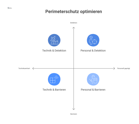 Diagramm, das vier zentrale Entscheidungspaare des Perimeterschutzes als gegenüberliegende Pole auf Achsen visualisiert: Technikzentriert vs. Personell geprägt, Barrieren vs. Detektion, In-house vs. O