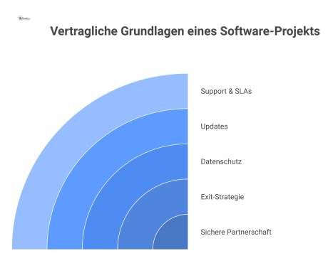 Eine Infografik, die das vertragliche Fundament eines Software-Customizing-Projekts darstellt. Ein Fundament ist mit den Säulen Anbieteranforderungen, Support & SLAs, Updates, Datenschutz und Exit-Str