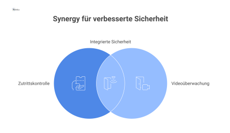 Infografik zur Verknüpfung von Zutrittskontrolle und Videoüberwachung: Ein Zutrittsereignis, ausgelöst durch einen Kartenleser, sendet über eine Schnittstelle (API/ONVIF) ein Signal an das Videomanage
